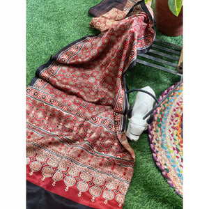 Handcrafted Ajrakh Mashru Silk Stole with natural dye geometric prints