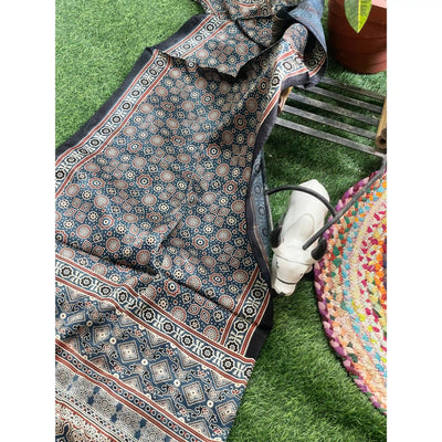 Handcrafted Ajrakh Mashru Silk Stole with natural dye geometric prints