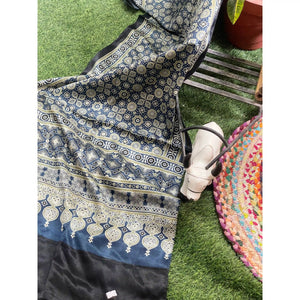 Handcrafted Ajrakh Mashru Silk Stole with natural dye geometric prints