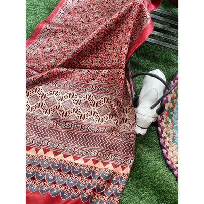 Handcrafted Ajrakh Mashru Silk Stole with natural dye geometric prints
