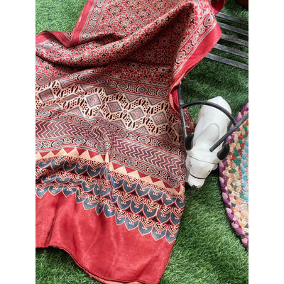 Handcrafted Ajrakh Mashru Silk Stole with natural dye geometric prints