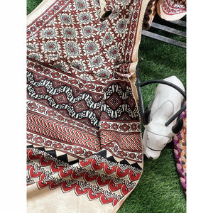 Handcrafted Ajrakh Mashru Silk Stole with natural dye geometric prints