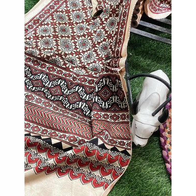 Handcrafted Ajrakh Mashru Silk Stole with natural dye geometric prints