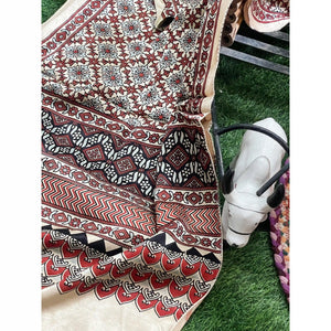 Handcrafted Ajrakh Mashru Silk Stole with natural dye geometric prints