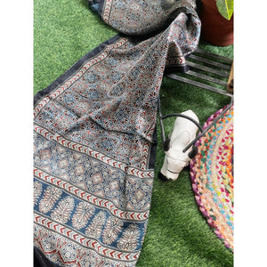 Handcrafted Ajrakh Mashru Silk Stole with natural dye geometric prints