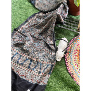 Handcrafted Ajrakh Mashru Silk Stole with natural dye geometric prints