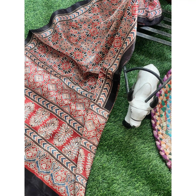 Handcrafted Ajrakh Mashru Silk Stole with natural dye geometric prints