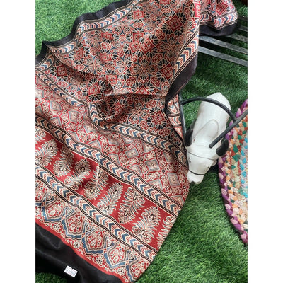 Handcrafted Ajrakh Mashru Silk Stole with natural dye geometric prints