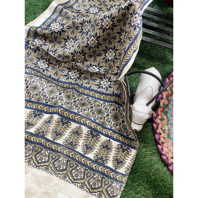 Handcrafted Ajrakh Mashru Silk Stole with natural dye geometric prints