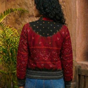 Maroon Bandhani Merino Wool Bomber Jacket