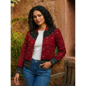 Maroon Bandhani Merino Wool Bomber Jacket