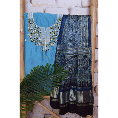 Blue Cotton Silk Embroidered Suit with Ajrakh Modal Dupatta