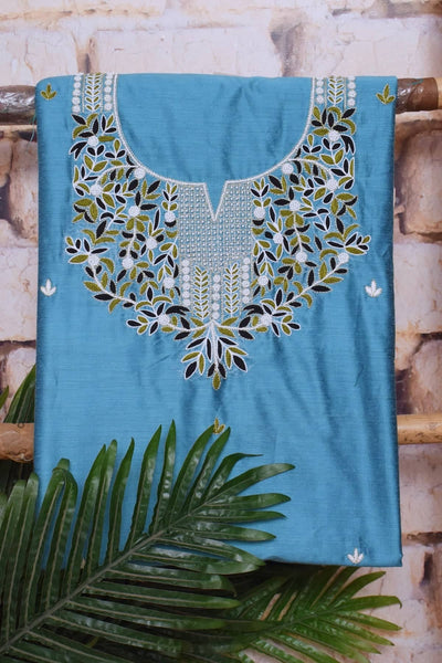 Blue Cotton Silk Embroidered Suit with Ajrakh Modal Dupatta