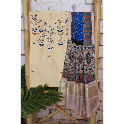 Cream Cotton Silk Embroidered Suit with Ajrakh Modal Dupatta