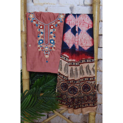 Onion Pink Cotton Silk Embroidered Suit with Ajrakh Modal Dupatta