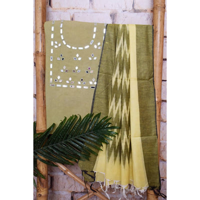 Green Mirror Work Bhagalpuri Ikat Dupatta Set - SSEthnics