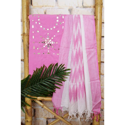 Pink Mirror Work Bhagalpuri Ikat Dupatta Set - SSEthnics