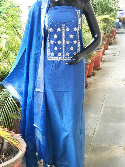Blue Pittan Work Ombré Kurti with Linen Dupatta