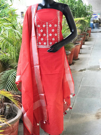Red Pittan Work Ombré Kurti with Linen Dupatta