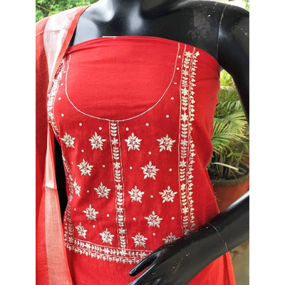 Red Pittan Work Ombré Kurti with Linen Dupatta