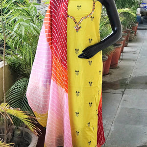 Yellow Mirror Work Leheriya Dupatta Set- SSEthnics