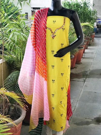 Yellow Mirror Work Leheriya Dupatta Set- SSEthnics