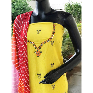 Yellow Mirror Work Leheriya Dupatta Set- SSEthnics
