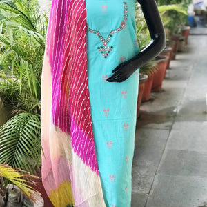 Blue Mirror Work Leheriya Dupatta Set- SSEthnics