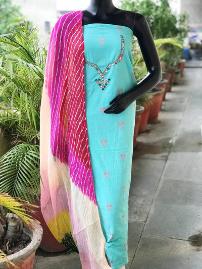 Blue Mirror Work Leheriya Dupatta Set- SSEthnics