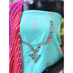 Blue Mirror Work Leheriya Dupatta Set- SSEthnics