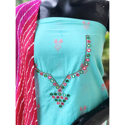 Blue Mirror Work Leheriya Dupatta Set- SSEthnics