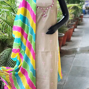 Grey Mirror Work Leheriya Dupatta Set- SSEthnics