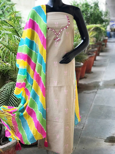 Grey Mirror Work Leheriya Dupatta Set- SSEthnics