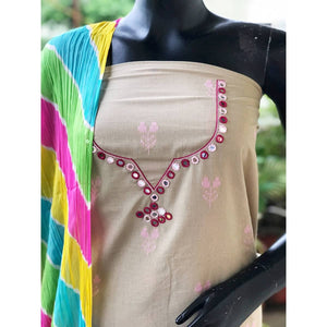 Grey Mirror Work Leheriya Dupatta Set- SSEthnics