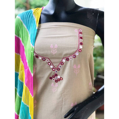 Grey Mirror Work Leheriya Dupatta Set- SSEthnics