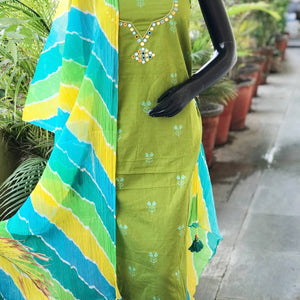 Green Mirror Work Leheriya Dupatta Set- SSEthnics