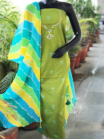 Green Mirror Work Leheriya Dupatta Set- SSEthnics