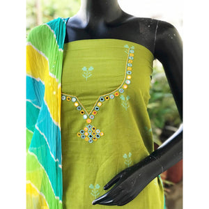 Green Mirror Work Leheriya Dupatta Set- SSEthnics