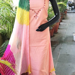 Peach Mirror Work Leheriya Dupatta Set- SSEthnics