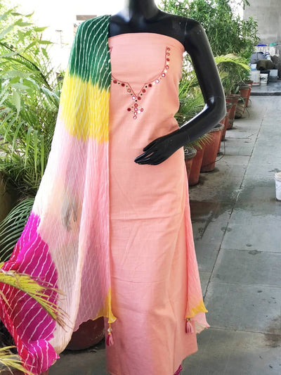 Peach Mirror Work Leheriya Dupatta Set- SSEthnics