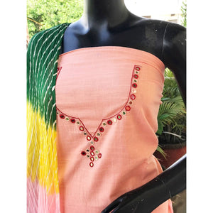 Peach Mirror Work Leheriya Dupatta Set- SSEthnics