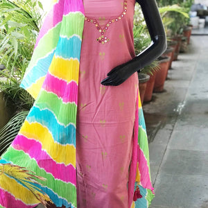 Pink Mirror Work Leheriya Dupatta Set- SSEthnics