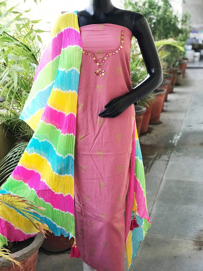 Pink Mirror Work Leheriya Dupatta Set- SSEthnics