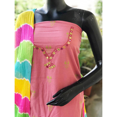 Pink Mirror Work Leheriya Dupatta Set- SSEthnics