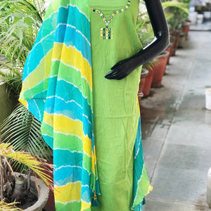 Green Mirror Work Leheriya Dupatta Set- SSEthnics