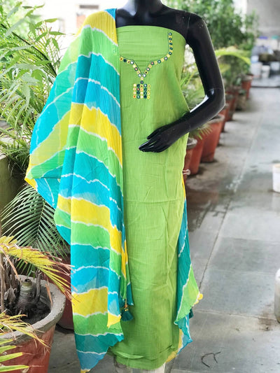 Green Mirror Work Leheriya Dupatta Set- SSEthnics