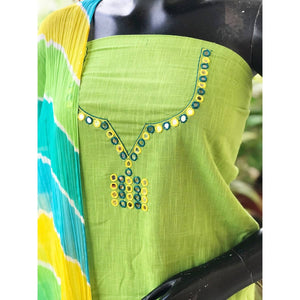 Green Mirror Work Leheriya Dupatta Set- SSEthnics