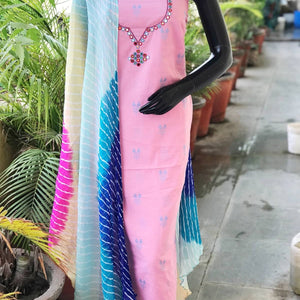 Pink Mirror Work Leheriya Dupatta Set- SSEthnics