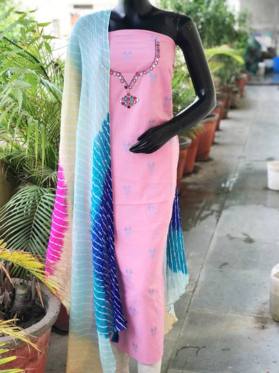 Pink Mirror Work Leheriya Dupatta Set- SSEthnics