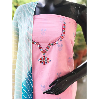 Pink Mirror Work Leheriya Dupatta Set- SSEthnics